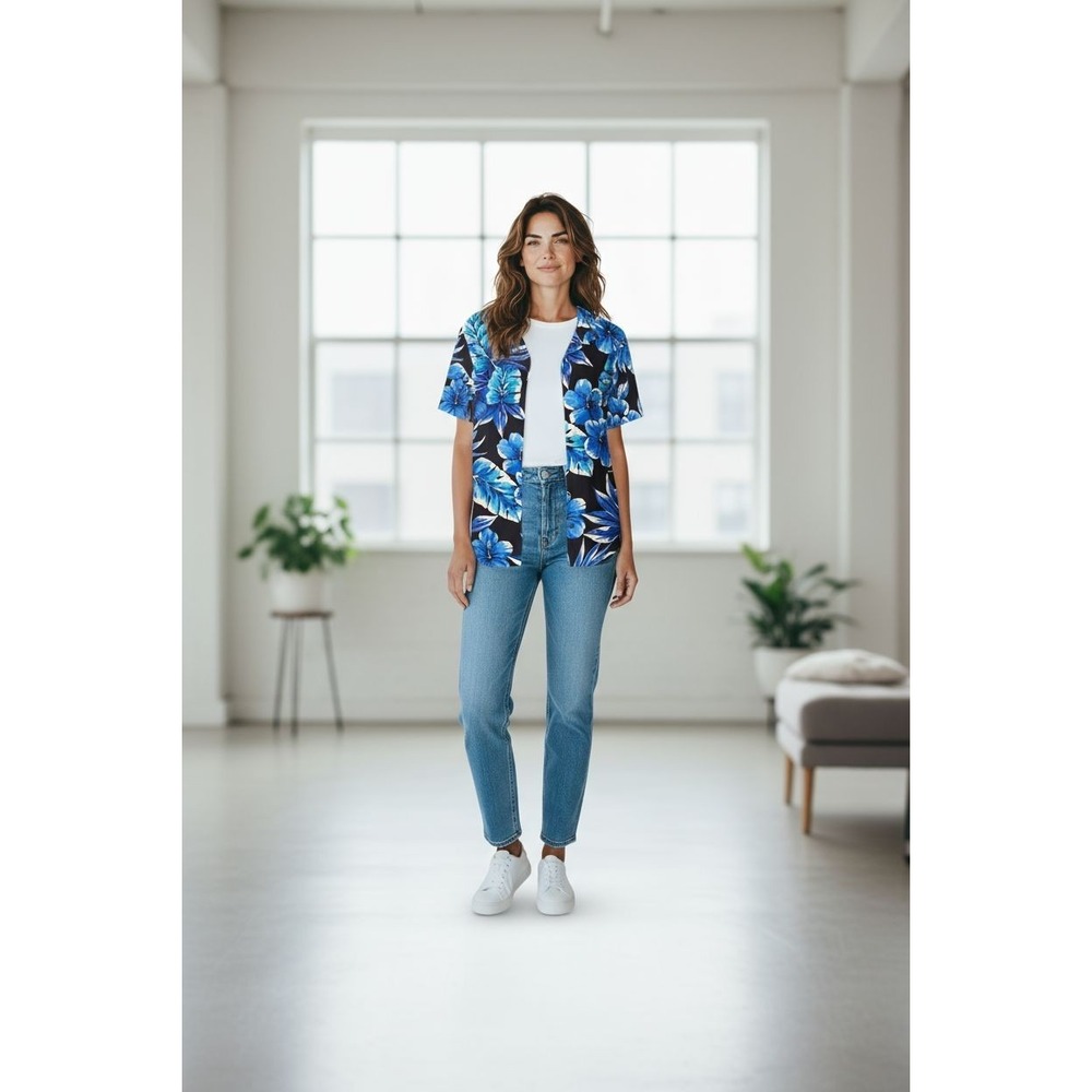 Avon Womens Blue Tropical Hibiscus Floral Short Sleeve Button Up Shirt Size XL